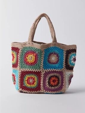 Urban Outfitters Multicolor Crochet Granny Square Tote - Beige Trim